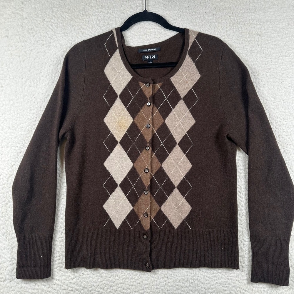 Apt 9 Cardigan Sweater Womens Argyle 100% Cashmere Dark Academia Preppy Brown